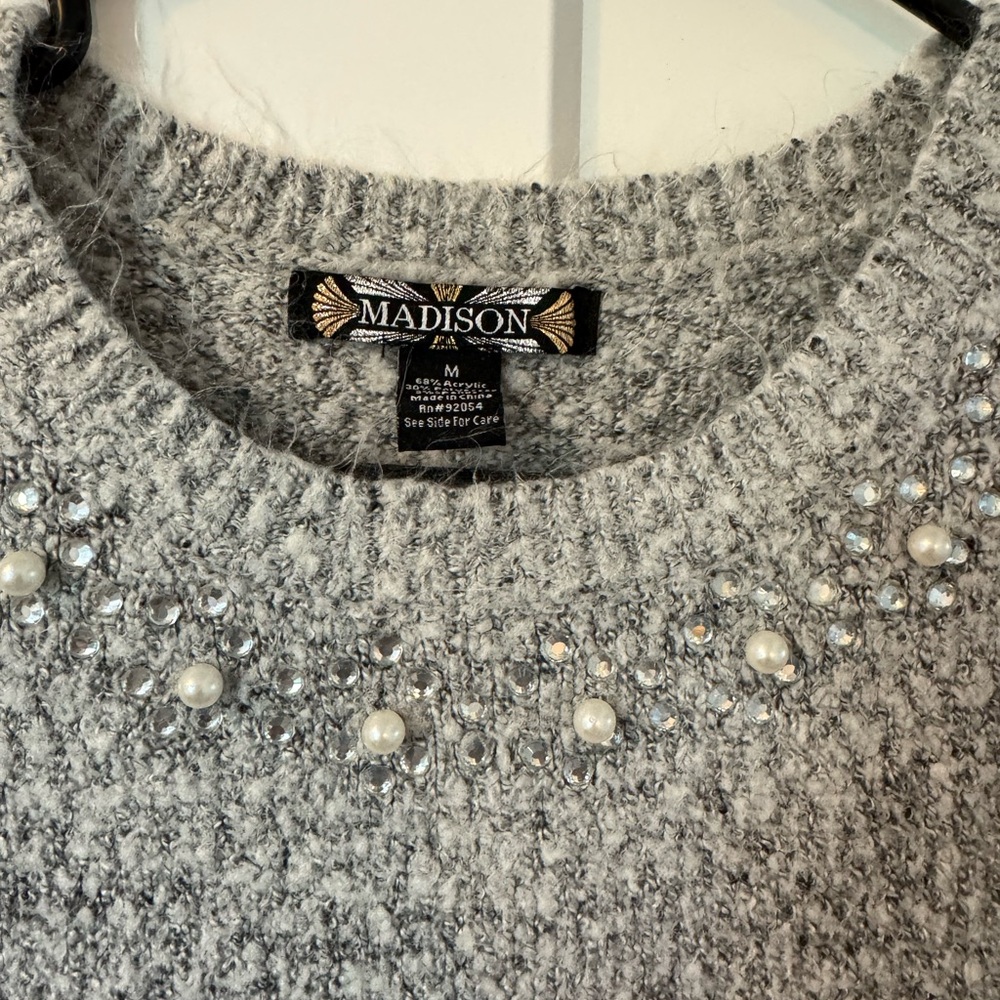 Madison Heather Gray Sweater with Pearl Accents - Picture 2 of 3